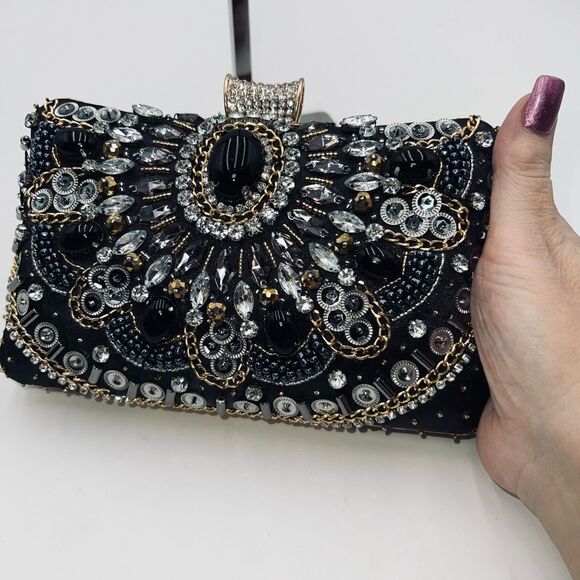Jeweled, Rhinestone and Beaded Clip Lock Satin Evening Bag with Two Chain Length - Picture 3 of 11